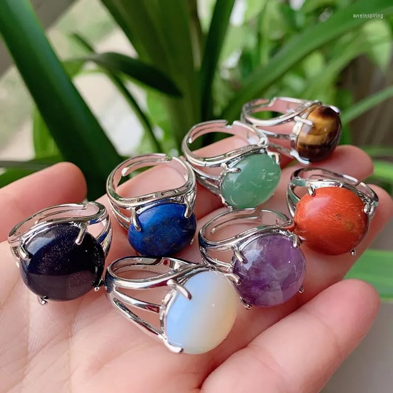 Bröllopsringar Natural Stone Crystal Ring for Women Open Reiki Healing Lapis Tiger Eye Pink Purple Quartz Finger Party Jewelry