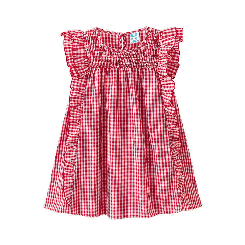 Mädchen ES Mädchen Plaid 2022 Neue Sommer Kinder Kleidung Teen Kinder Baumwolle Fly Sleeve Plissee Gitter Nette Baby Kleid #5996 0131