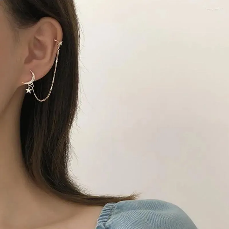 Backs Earrings Simple Moon Star Rhinestone Long Chain For Women Shine Sun Crescent Geometric Tassel Piercing Earring Jewelry Gift