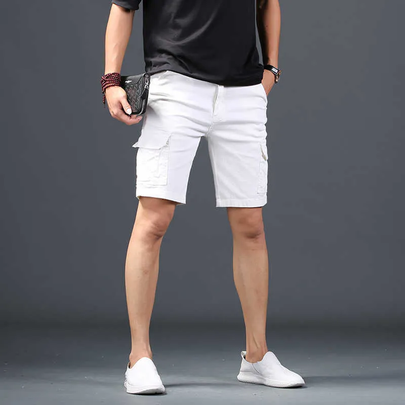 Herr shorts sommar ny vit denim shorts män last shorts mens casual bomull raka knä längd byxor g230131