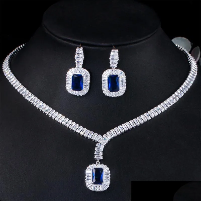 Oorbellen ketting mode diamant tennis oorbel ontwerper sieraden set sier bruid Afrikaanse sets blauw witte aaa kubieke zirconia vrouw dhbwh