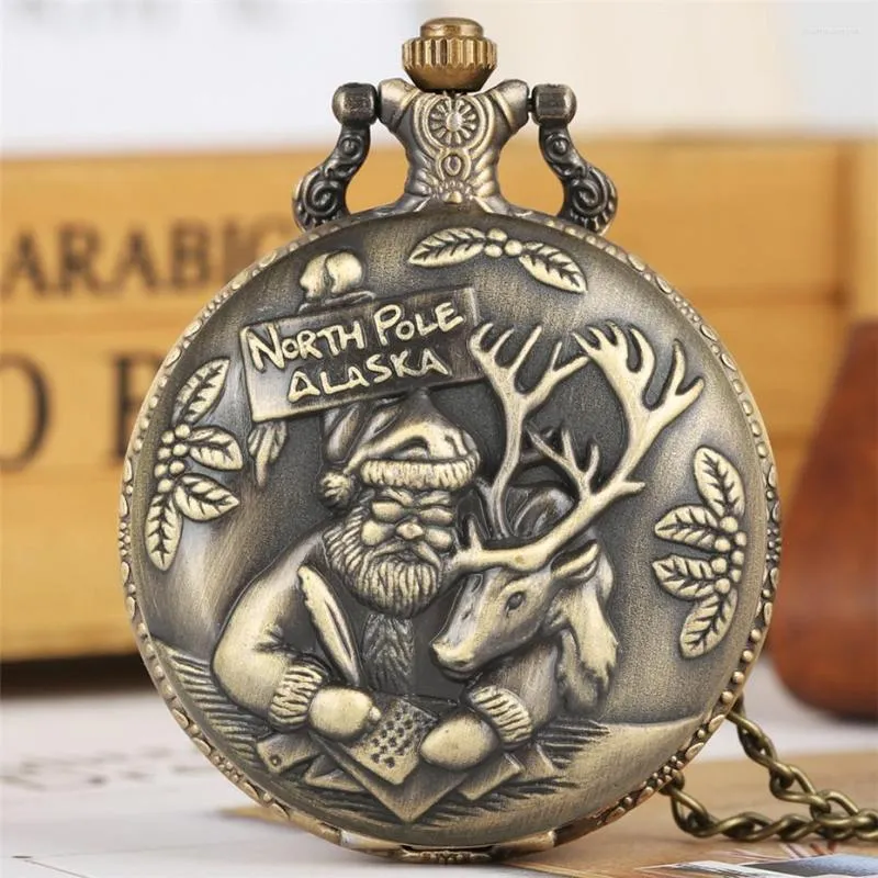 Карманные часы бронзовая рождественская тема Quartz Watch Santa Claus Elk Disploy Retro Penden Clock Подарки для мужчин Женские детские ожерелье сети ожерелья