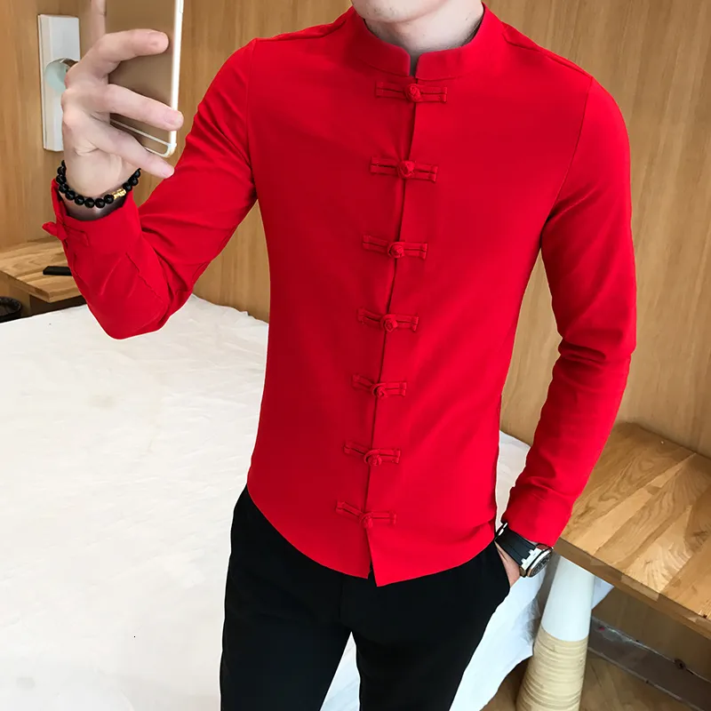 Men's Casual Shirts Chinese Style Slim Fit Business Dress Cotton Comfortable Tang Costume Buckle Long Sleeve 230201