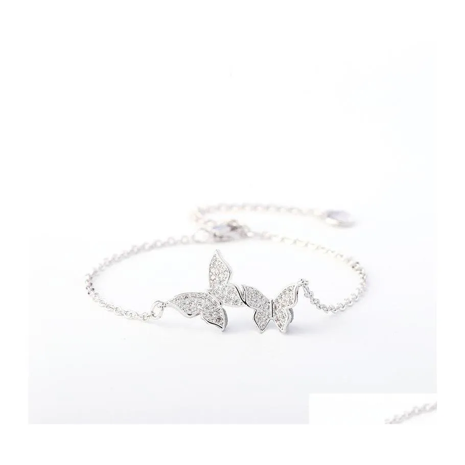 Link łańcuch mody Gold Sier Double Butterfly Charm CZ Bransoletka dla kobiet projektant biżuterii Link Cuubic Cyrkonia Bracelets Bi otakh