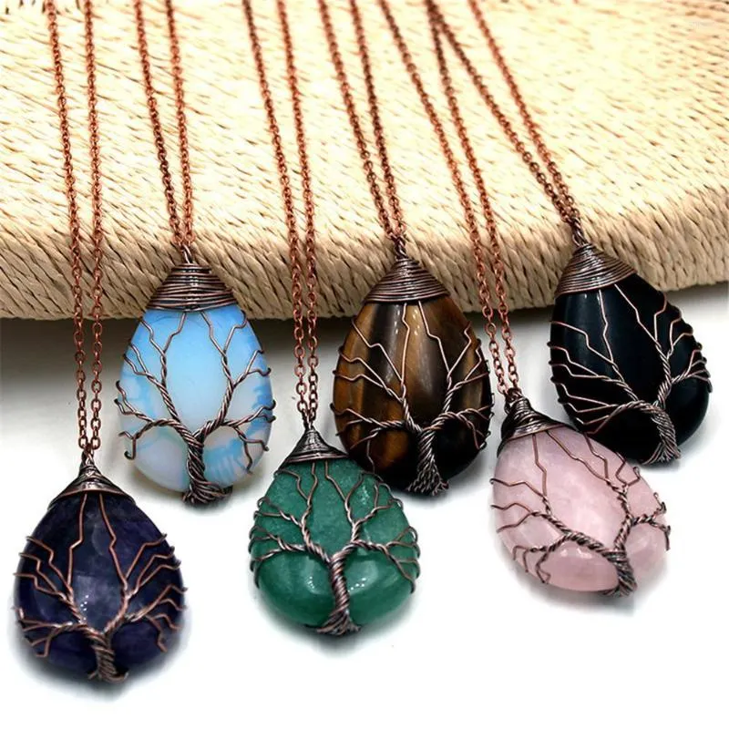 Hangende kettingen groothandel 6pc/lot natuursteen kristallen levensboom druppel gevormde bronzen chakra retro sieraden