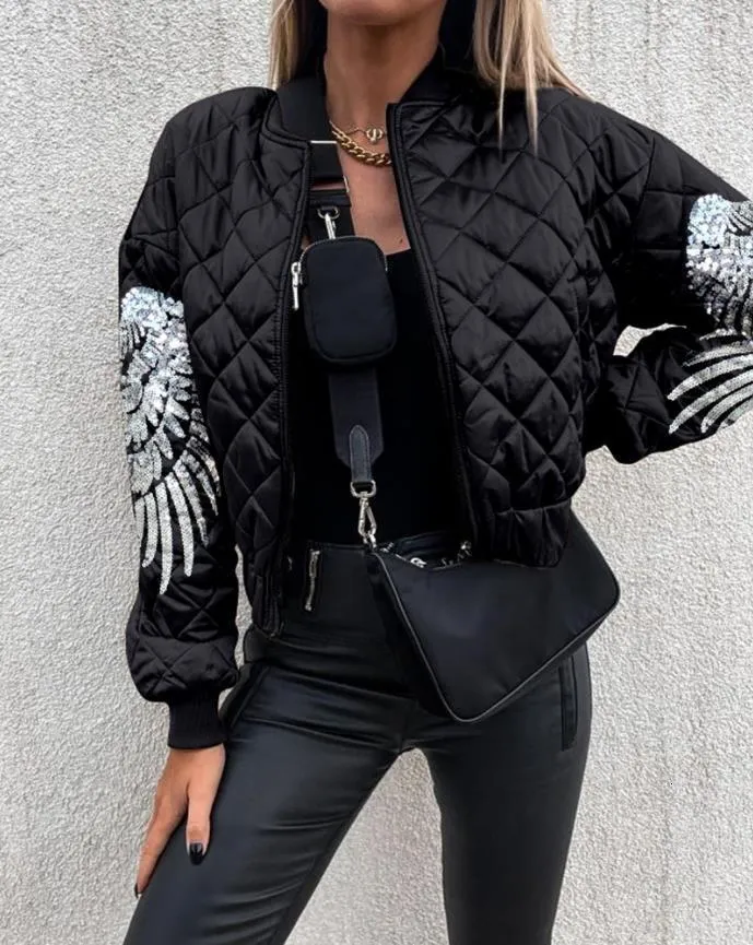 Femmes Vestes Vêtements D'hiver Manteau Mode Contraste Paillettes Ailes D'ange Motif Matelassé Chaud Vers Le Bas Veste Noir Top Casual Street Wear 230202