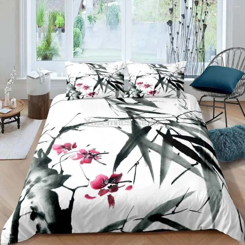 Conjuntos de ropa de cama Erosebridal Flor de cerezo Funda nórdica Edredón de bambú Hojas Edredón de rama Tamaño doble Cultura asiática Estilo de tinta Beddi