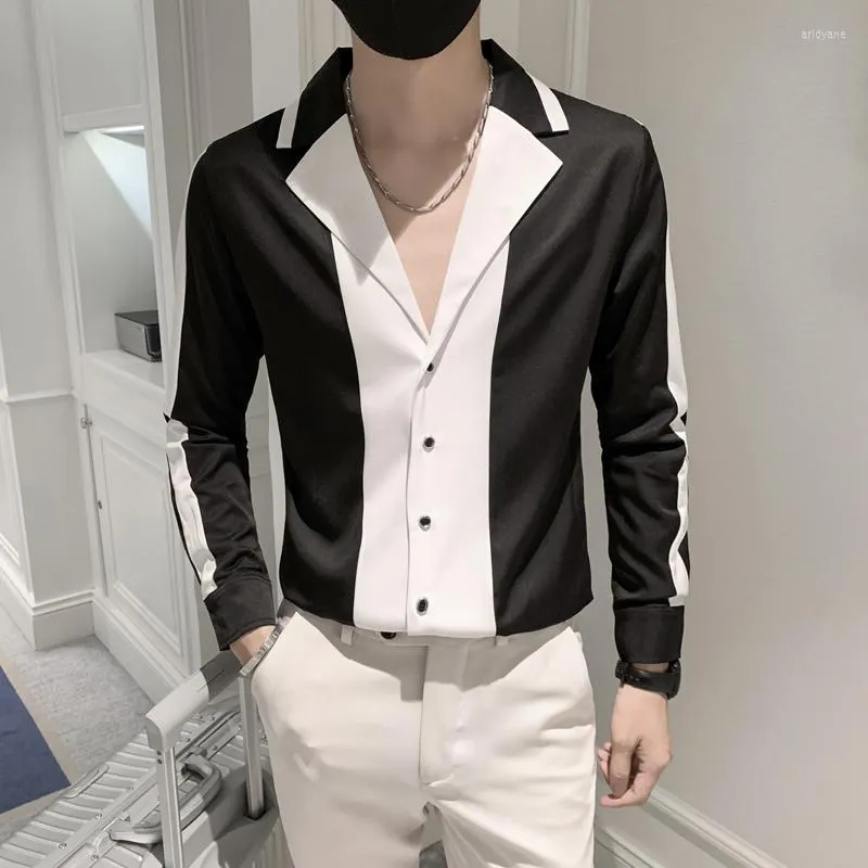 Men's Casual Shirts Social Mens Dress Shirt Spring White Black Splicing Long Sleeved Slim Fit Formal Blouse Men 4XL