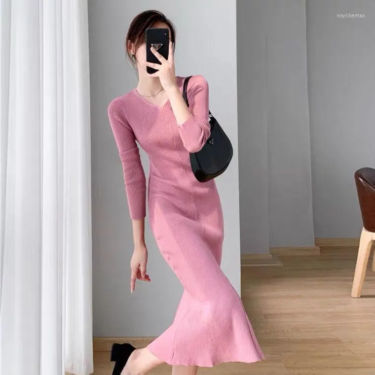 Casual Dresses Women Sticked Elegant Solid Color Long Dress Autumn Winter Mante Cotton Sleeve BodyCon Maxi T140