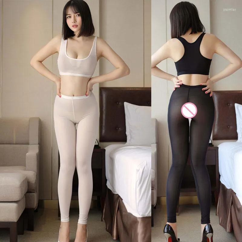 Women's Sexy Transparent Leggings Sheer Ice Silk Leggings Long Pants Pants  Linge