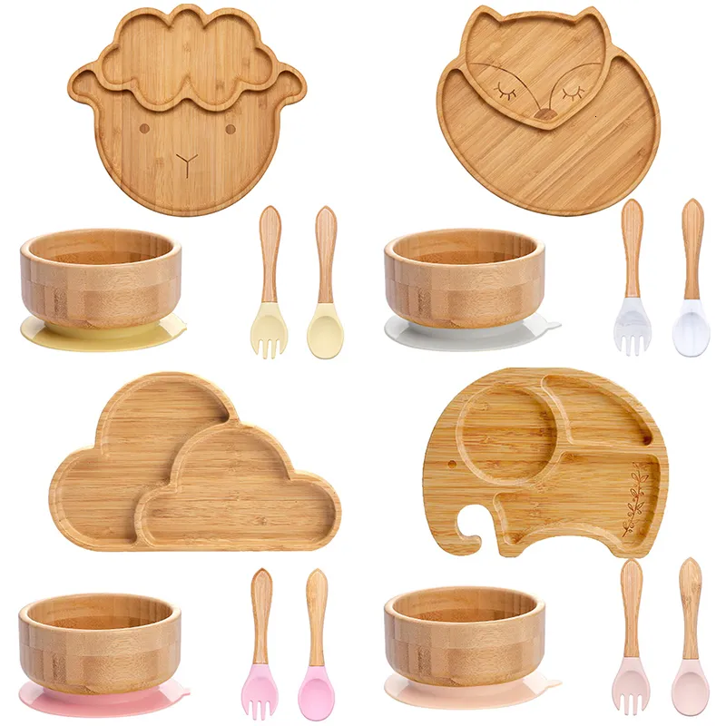 Cups Dishes Utensils 4pcs Children's Tableware Suction Plate Bowl Baby Feeding Spoon Fork Sets Bamboo for Kids 230202