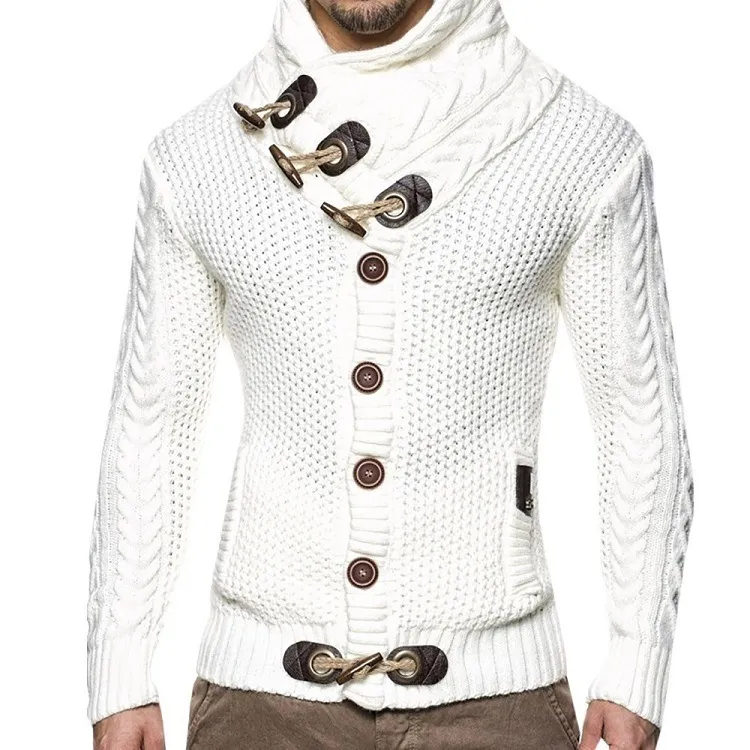 メンズセーター2021セーターメンズ秋の冬のソリッドカラー長袖編みジャケットウエスタンスタイルタートルネックファーカラーシングル胸