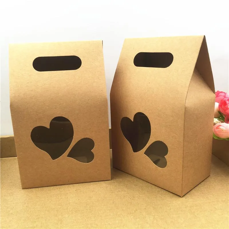 Emballage cadeau 10 pièces sac alimentaire en papier Kraft Double coeur avec poignée emballage artisanal fenêtre en PVC pour stocker de petits bonbons séchés