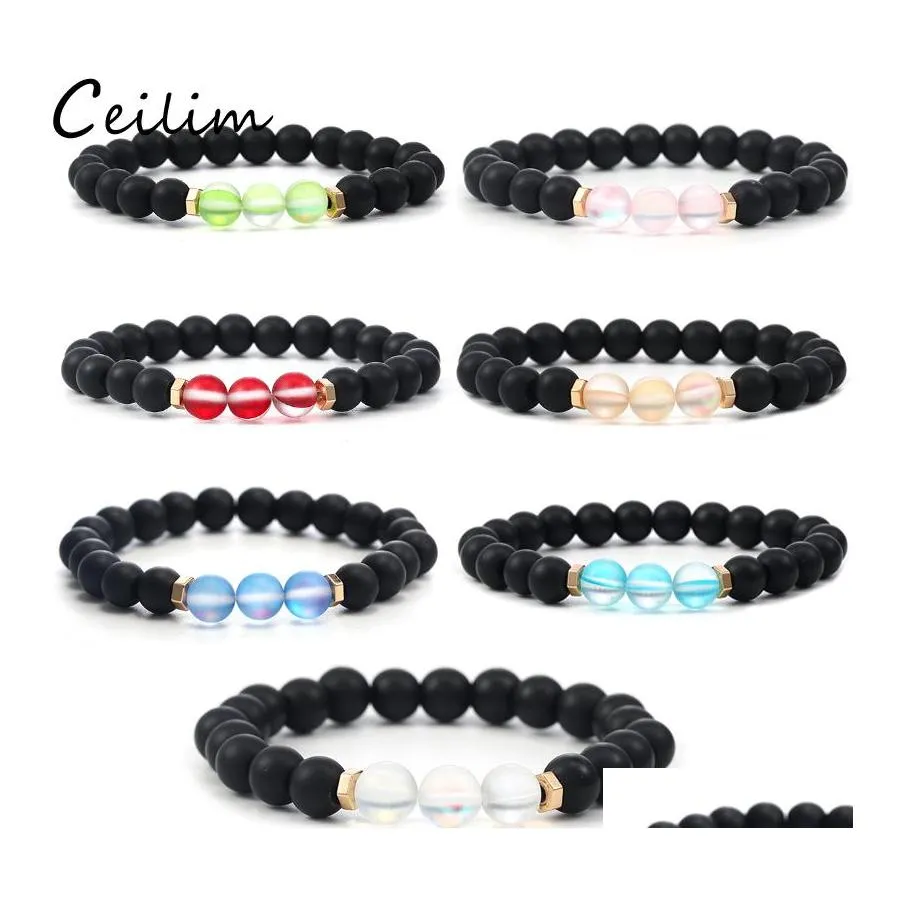 Beaded Strands 6mm Fashion Design Crystal Glass Flash Stone Bead Armband For Women Men Colorf Natural Black Matte Agate Ethnic Dro Otuhz