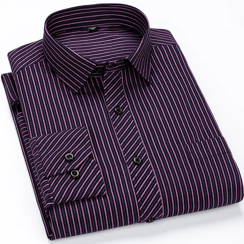 Striped Plaid Men's Long Sleeve Office Dress Shirt with Single Patch Pocket - Classic Standard-fit for Formal Business and Basic wear (240801)