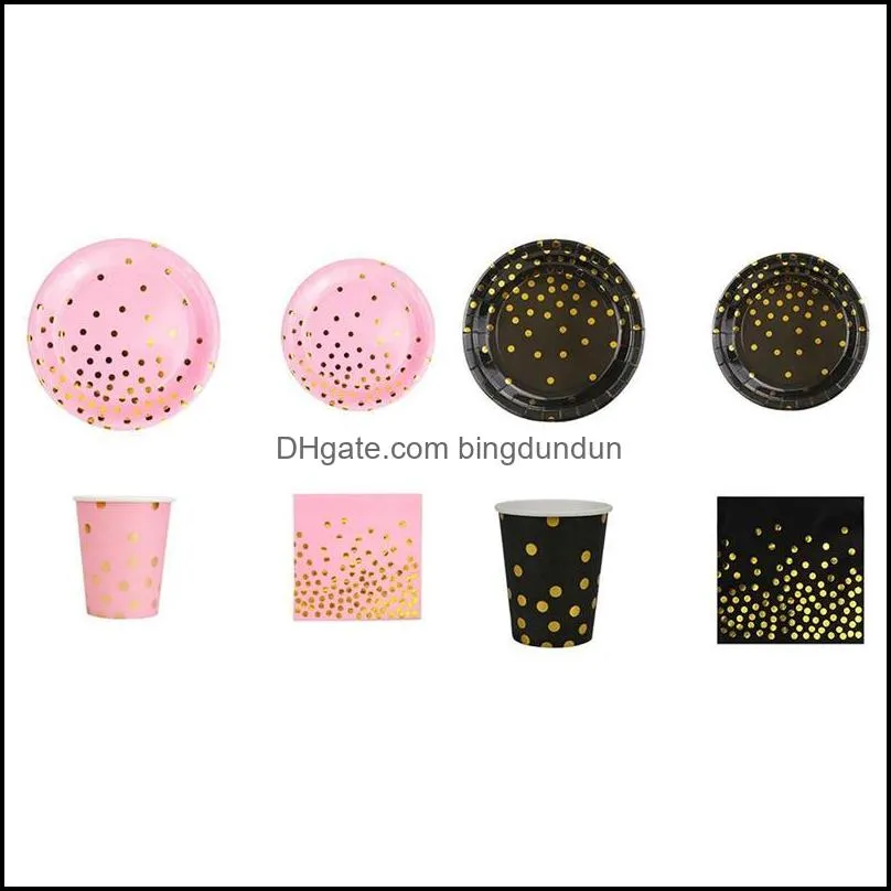 Dinnerware Sets Set Stam Disposable Tableware Happy Birthday Party Decor Kids Wedding Pink Black Drop Delivery Home Garden Kitchen D Dhh83