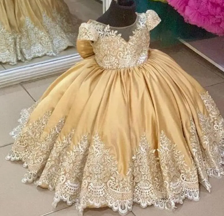Gold Lace Applique Bow Flower Girl Dress for Weddings, Pageants, Christmas, Birthdays, First Communion - Short Sleeves, Toddler Size