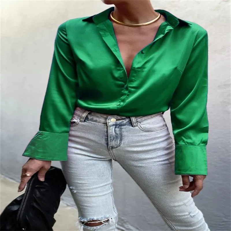 Blouzen voor dames shirts zijden satijnen vrouwen shirt elegant groen losse top button up kantoor dames 2023 lente zomer lange mouw blouse vintag