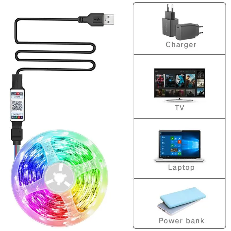 Remsor USB LED -strip Light Bluetooth App Control Tape Flexibel banddiod för TV Backlight Room Decored Stripsled