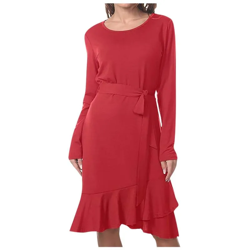 Casual Dresses Woman Dress O Neck Ruffle Solid Color with Sashes Lång ärm Loose Party Sundress Vestido 2023