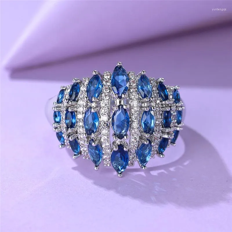 Wedding Rings Luxury Female Blue Stone Ring Classic Silver Color Engagement Crystal For Women