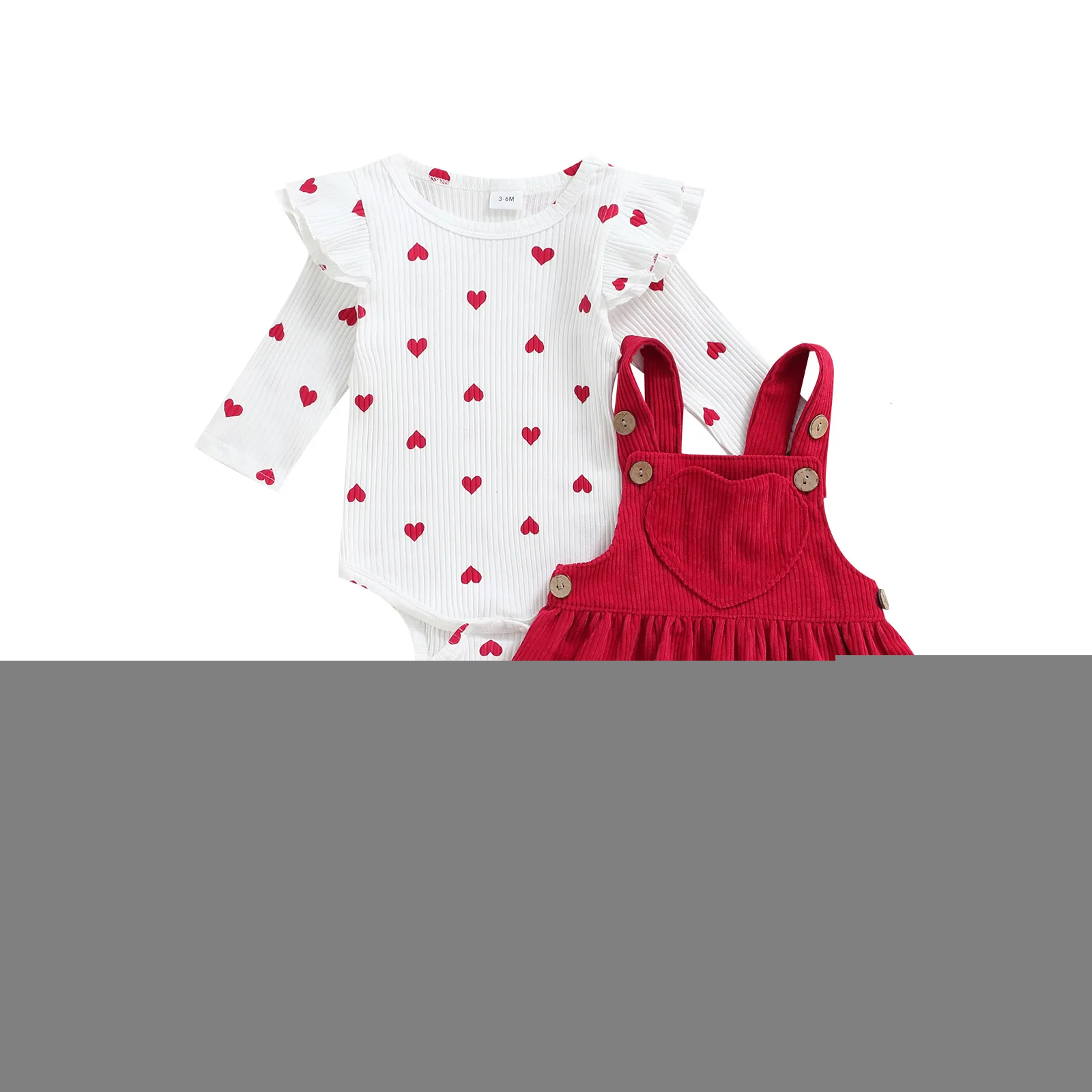 Kläderuppsättningar Valentine Infant Baby Girls Twopiece Suit Hjärtmönster Ruffle långärmad rund hals Romper Suspender kjol 230202