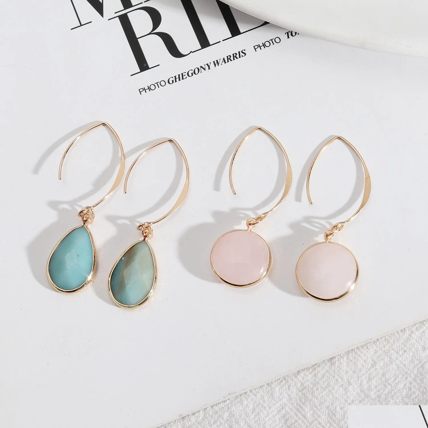 Charme Pierre Naturelle Charmes Amazonite Rose Quartz Cristal Goutte D'eau Boucles D'oreilles Chakra Bijoux Or Hoop Pour Les Femmes Livraison Dhgarden Dh0Aq