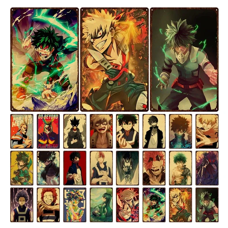 Cartello in Metallo Anime Manga Metallo Dipinto My Hero Academia Piatto Vintage Giapponese Animazione Poster in Latta Pittura Decorazioni da Parete Adesivi Decorazioni per la casa 20 cm x 30 cm Woo