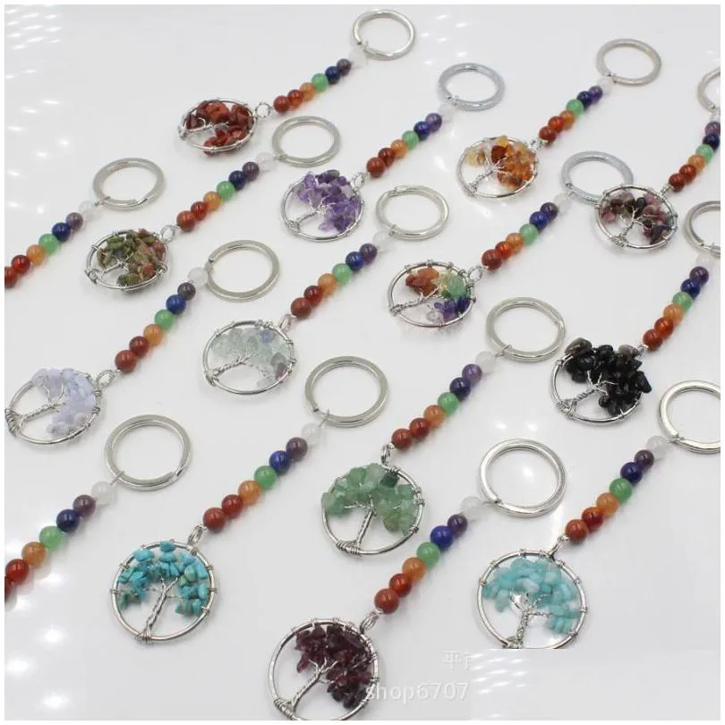 Key Rings 10Pcs Chakra Gemstone Keychain Sier Plated Ring With Natural Stone Quartz Crystal Tiger Eye Healing Beads Drop Delivery Jew Dhxmt