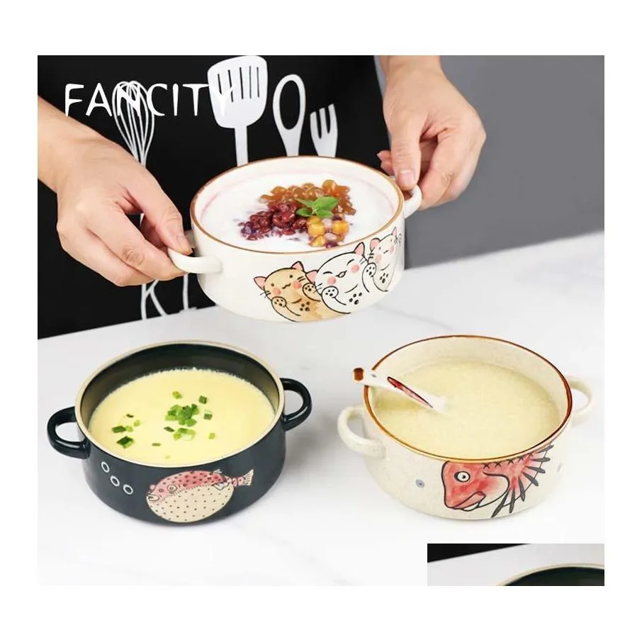 Bowls Japanese Ceramic Tableware Binaural Small Bowl Porridge Dessert Steamed Egg Creative Ears Antiscalding S Drop Delivery Home Ga Dh3Xs