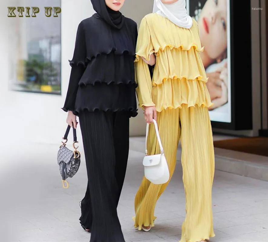 Etniska kläder Dubai Arab Turkiye Muslim Fashion Solid Color Pleated Ruffle Top Wide Leg Pants Two Islamic African Modest