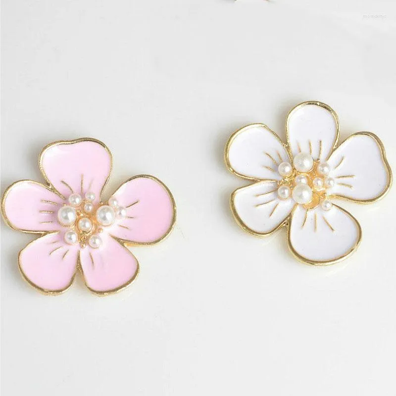 Pendant Necklaces Wholesale 40PCs 29 30MM Gold Tone Plated Alloy Pearl Core Enamel Flowers Button Charm Sticker Craft Oil Drop Floral