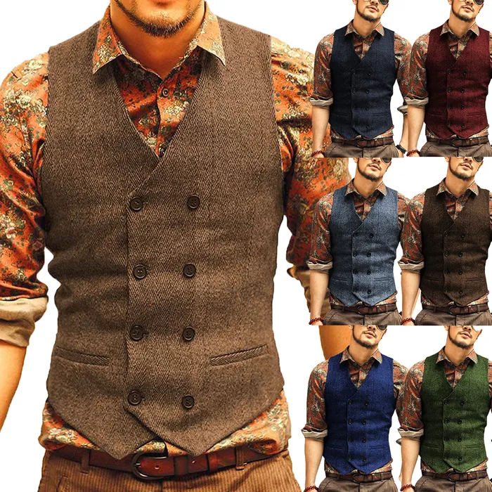 Men's Vests Casual Men's Brown Waiter Vest Jacket Slim Fit Prom Double Breasted Blazer Champagne Suits Waistcoat For Wedding Man Grooms 230202