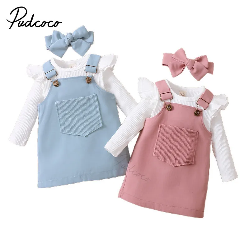 Clothing Sets 3Pcs Baby Girls Outfit Sweet Style Solid Color Long Sleeve Round Collar Romper Front Pocket Suspender Skirt Headwear Set 230202