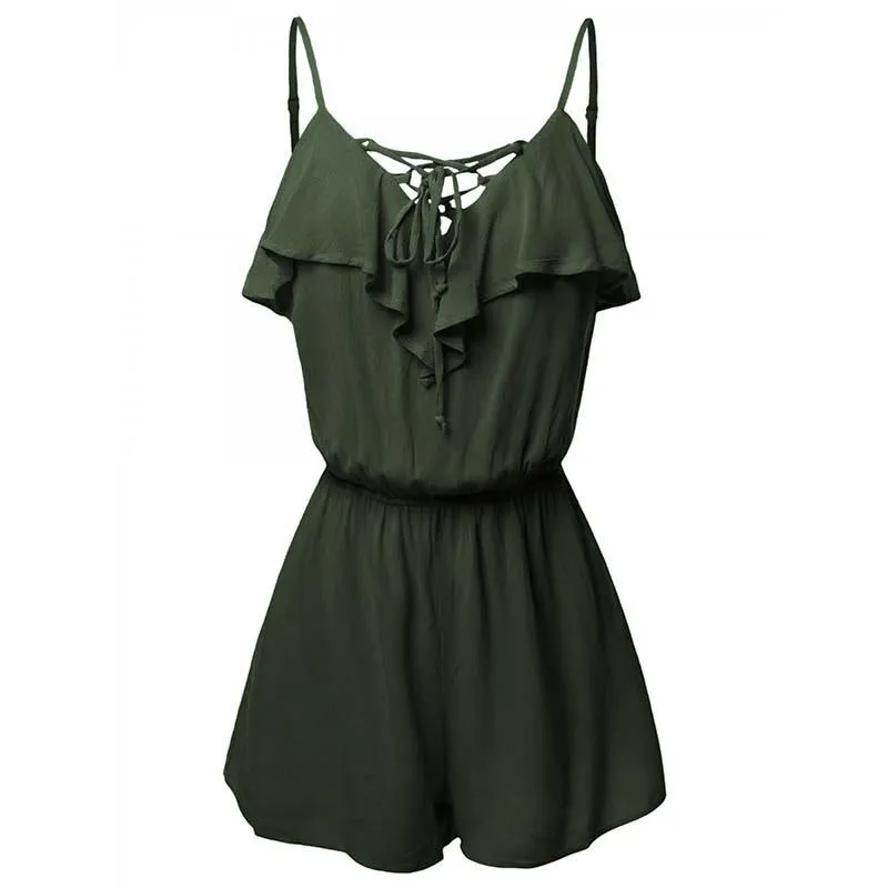 Women's Jumpsuits & Rompers 2023 Summer Fashion Casual Spaghetti Strap Ruffle Detail Lace Up Romper Halter Basic Sleeveless Tank Tops Camiso