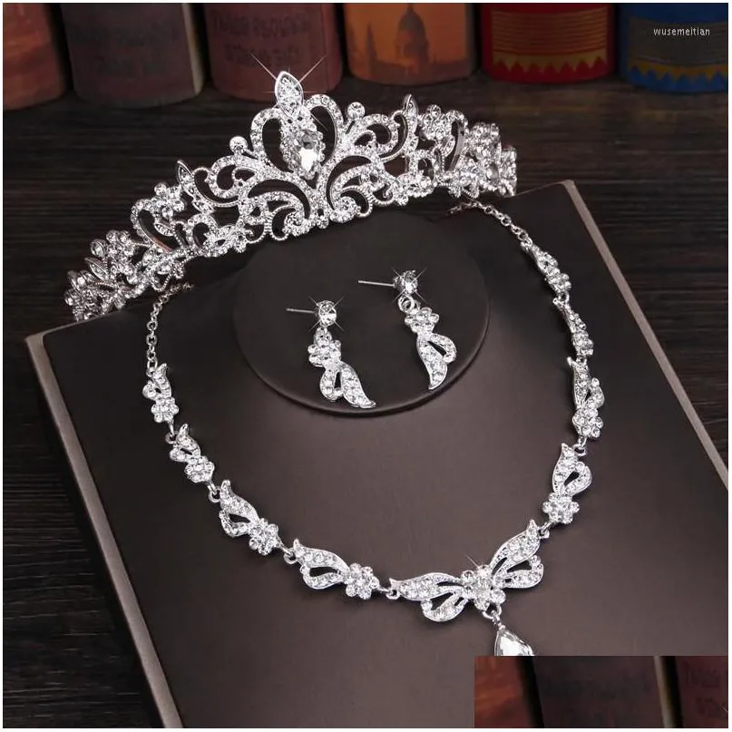 Clip per capelli Barrette 3pcs Rhinestone Crystal Bridal Sets Set collana Orenatura corona Tiara Accessori per matrimoni African Bead Dh5TP