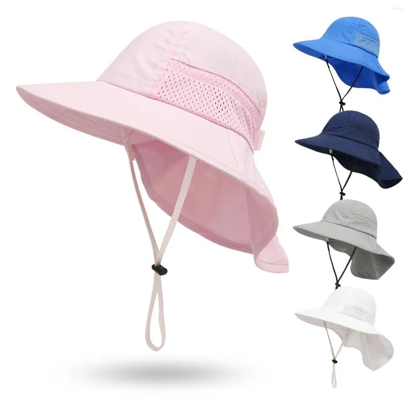 Chapeaux à large bord Chapeau de seau extérieur pour bébé Chapeau de soleil en maille de couleur unie pour enfants avec mentonnière pour garçons filles