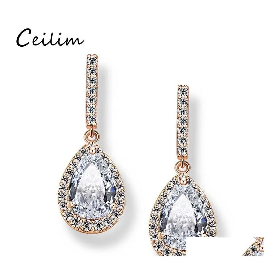 Dangle lustre cubique zircon boucles d'oreilles grande goutte d'eau concepteur sier couleur mariage bijoux de mariée pour les mariées filles livraison otswq