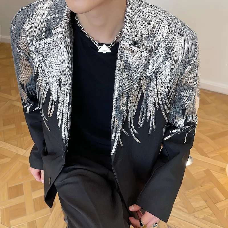 Mäns kostymer blazers lyx silver paljett glitter blazer jacka män lapel krage nattklubb scen sångare custmes manlig vår höstdräkt kläder 230202