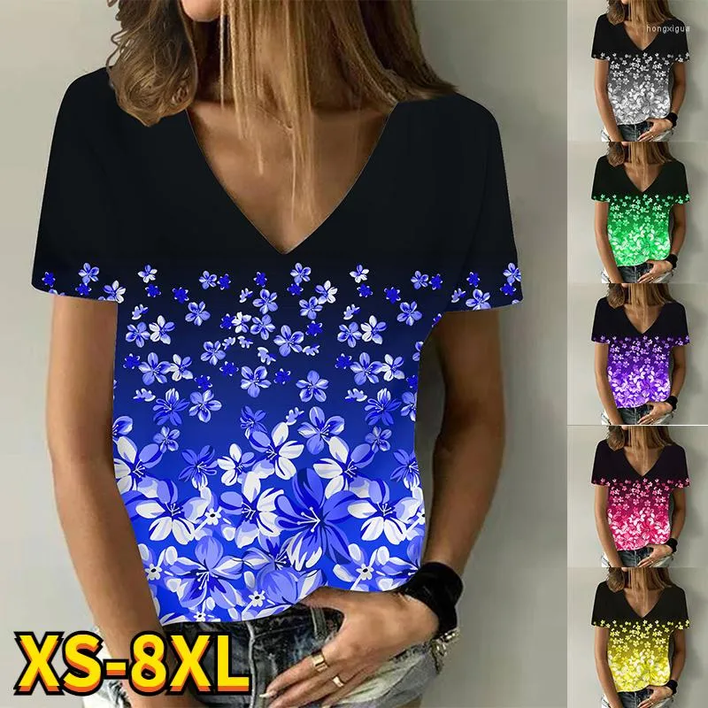 Women's T Shirts 2023 Women's Fashion Flower Painting Shirt Summer Female Floral Print V Neck Basic Tops Casual Plu Szie 3D