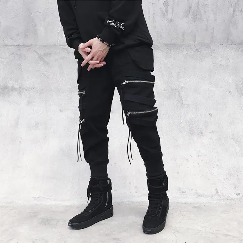 Calça masculina Cargo Streetwear Black Zipper Ribbons harém casual masculino masculino comprimento do tornozelo calças de moletom 3xl Hip Hop 230202