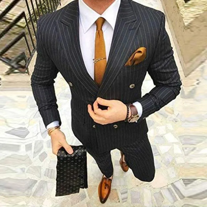 Ternos masculinos Black Business Business Pinstripe Mens Jackets Formais de Trespotados Com Calças Slim Fit Stripe Partido Promoção Tuxedos