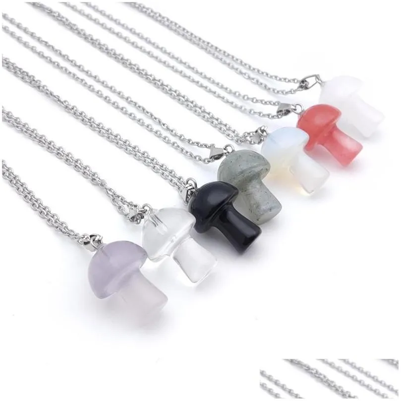 Pendant Necklaces 20Mm Mushroom Statue Glass Stone Carving Reiki Healing Polishing Gem Necklace For Women Jewelry Wholesale Dhgarden Dh10O