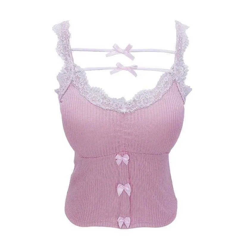 دبابات المرأة Camis Pink Crop Top Women Summer Tops y2k Tops Lace Trim Decoration Slim Camis Sweet Girl Lolita Style Aealthetic Kaii Comples Y2302