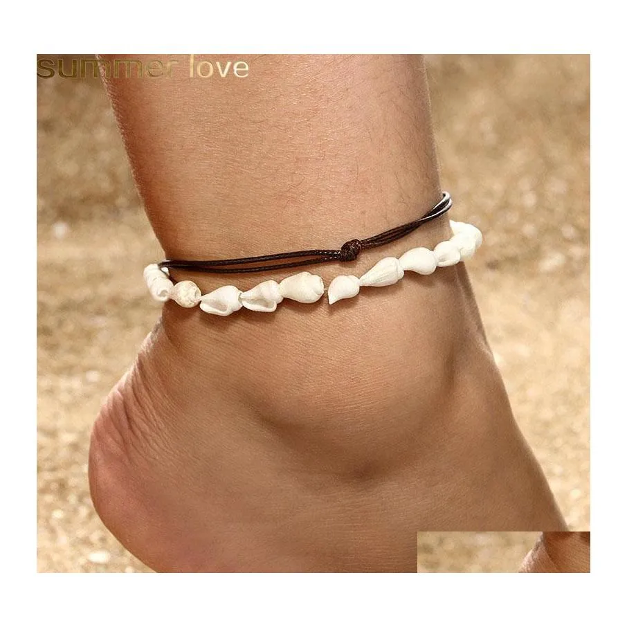 Anklets 2st/set handgjorda naturliga sn￤ckskal f￶r kvinnor skal fot smycken sommar strand vaxrep armband bohemian droppleverans otzre