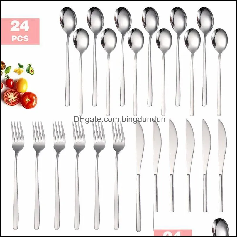 Dinnerware Sets Pcs Set 18/10 Stainless Steel Tableware Knife Fork Spoon Flatware Dishwasher Safe Cutlery Drop Delivery Home Garden Dhlov