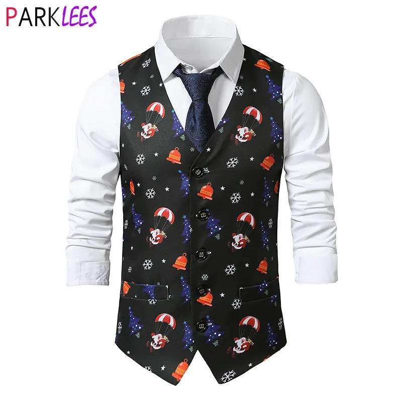 Gilets pour hommes Mignon Père Noël Imprimer Hommes Costume Gilets Joyeux Noël Gilet Hommes Fête De Noël Costume De Bal Gilets Cosplay Hommes Vêtements 2XL 230202