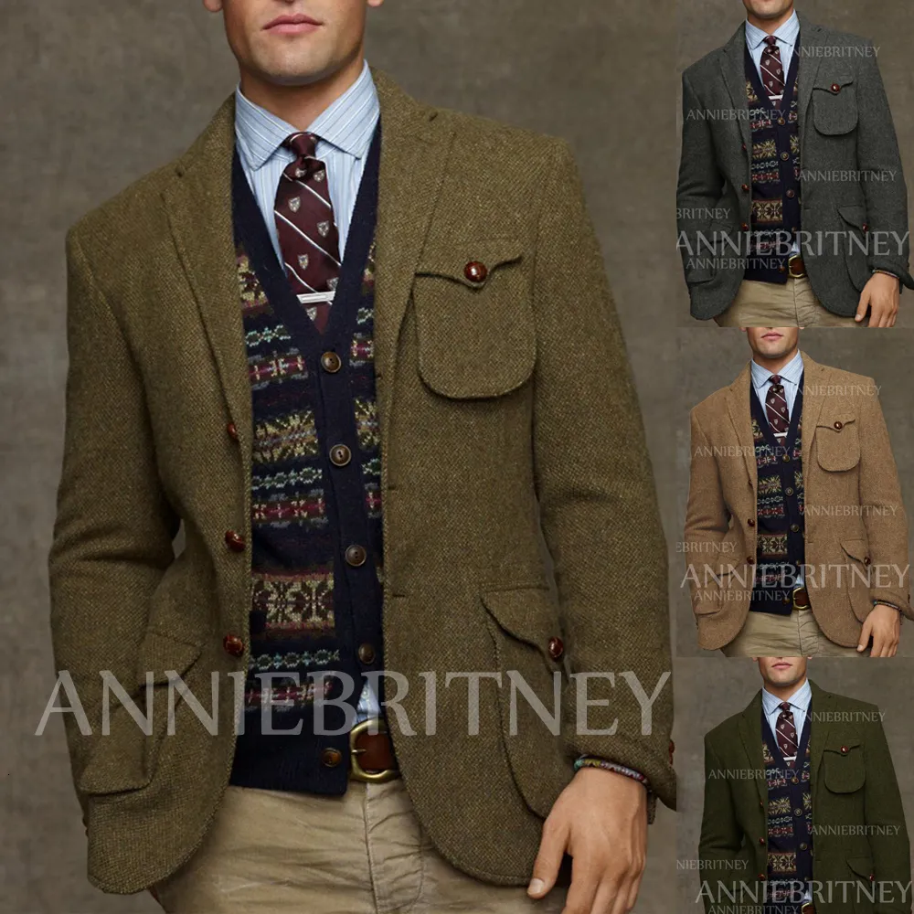 Abiti da uomo Blazer su misura da uomo in tweed blazer verde militare giacca invernale da uomo slim fit vintage abbigliamento maschile appositamente cappotto di moda su misura 230202