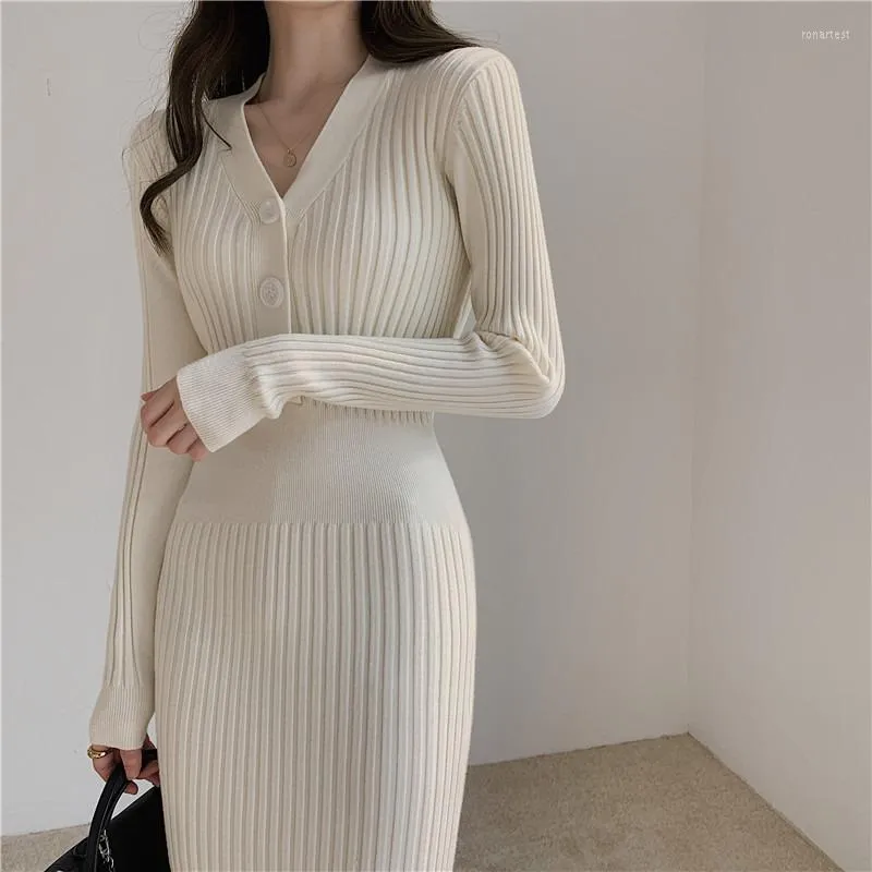 Abiti casual Autunno e inverno Moda Solido scollo a V Manica lunga Robe Longue Femme Sexy Elegante Slim Knitting Wrap One's Glutei Abito