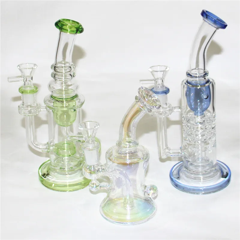 Wasserpfeifen, blau-grüne Farbe, Recycler, Glas-Dab-Rigs, Perkolator, Wasserpfeifen, Glas-Öl-Rigs mit 14-mm-Trockenkräuterschalen, männliche Aschefänger